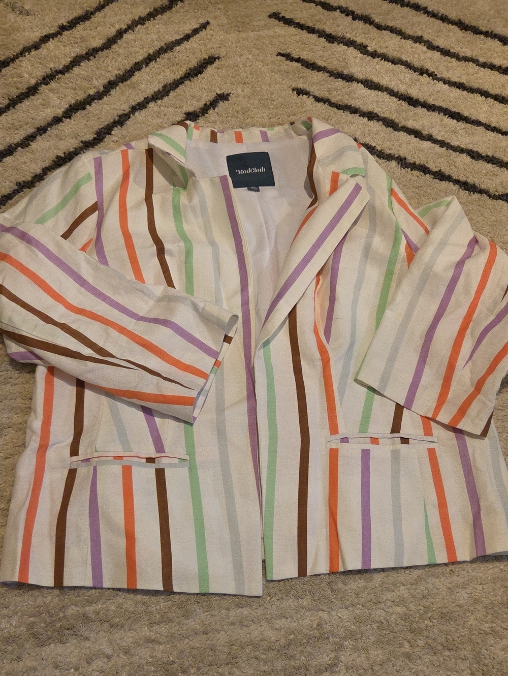Modcloth Cream Blazer with Orange, Lavender, Mint and Brown Stripes
